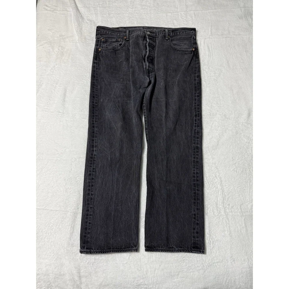 Levis 501 Jeans Mens 37x28 Black Straight Button Fly Mid Rise Dark Wash‎ Denim